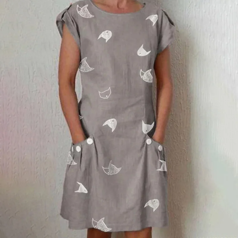 Женское льняное мини платье Fanbety летнее элегантное однотонное с карманами