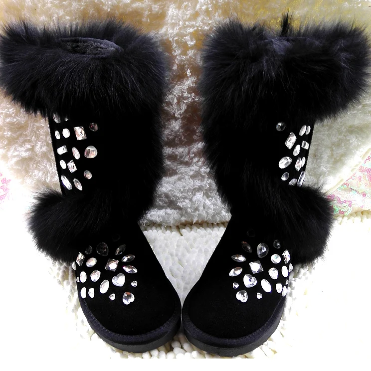 

Winter Black Bling Rhinestone Embellished Big Fox Tail Fur Over Knee Snow Boots Women Botas Plush Inside Thigh High Boots