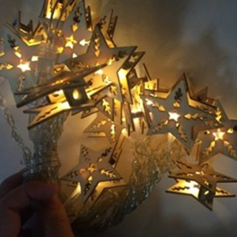 Wooden Holiday lights five-pointed star Led Light string 20-38Leds 5-10m EU Plug Garland Birthday Party christmas fairy decor DA | Лампы и