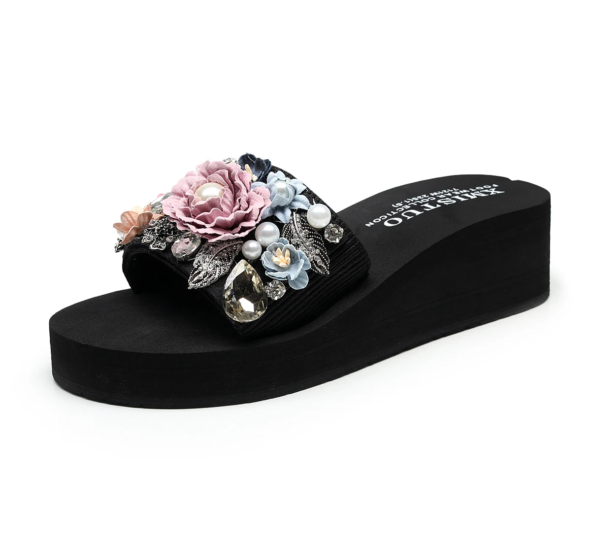 heel height 5cm pink PUIMENTIUA/повседневные женские тапочки с цветами и жемчугом; модная женская обувь на платформе и каблуке; пляжные шлепанцы - Цвет: heel height 5cm pink