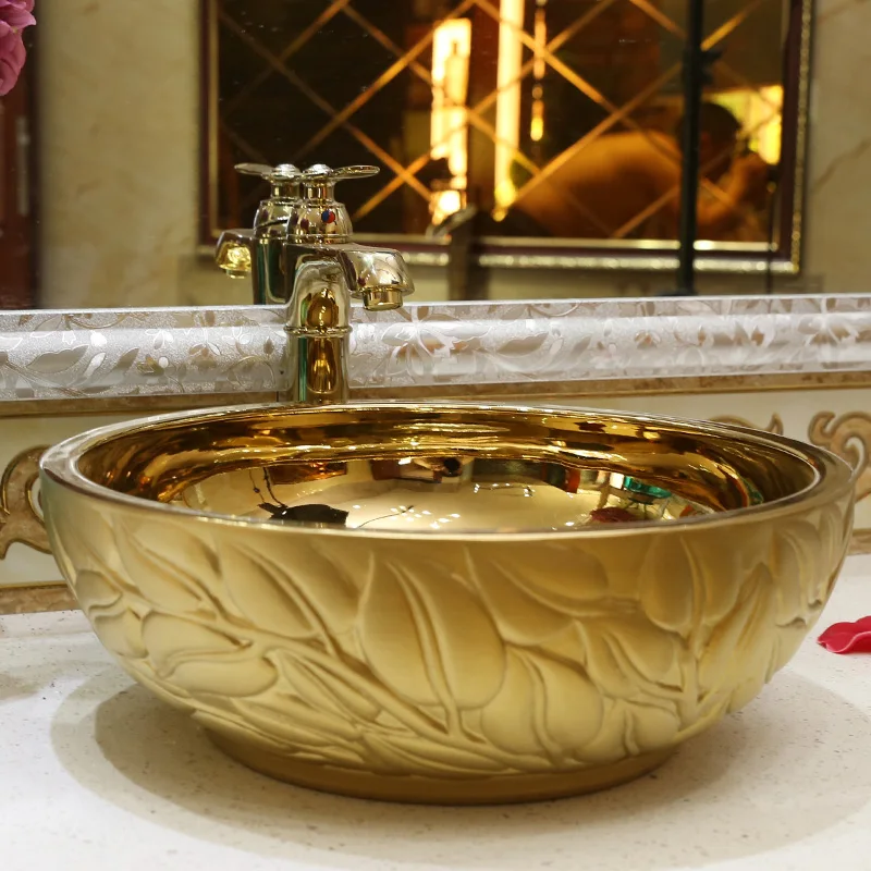 

Jing Yan ceramics countertop wash basin carved gilded art basin bathroom basin branch