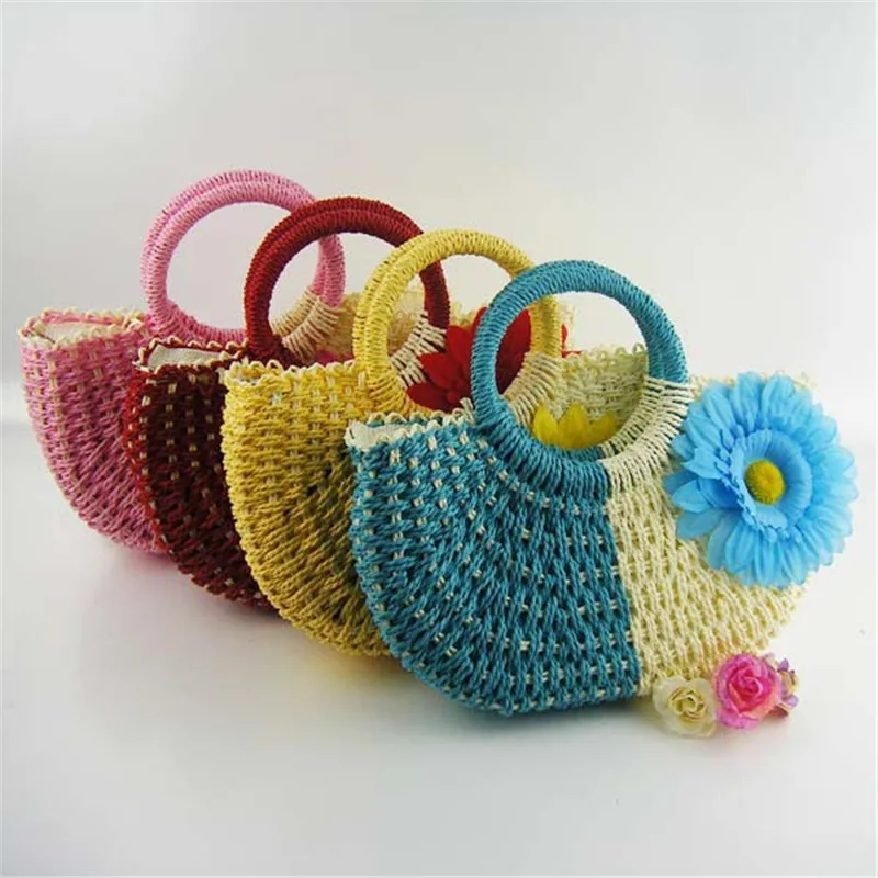 Bargin price womens summer countryside beach cute floral yellow red green pink orange zipper mini straw bag females handbags | Багаж и