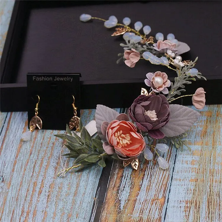 

elegant purple flower hair decoration earrings sets girls women party wedding hair flower