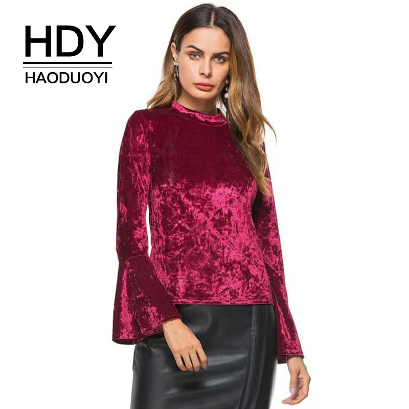 HDY Haoduoyi бархатная блузка с расклешенными рукавами элегантные рубашки красные