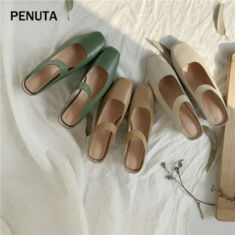 PENUTA/; женские летние шлепанцы из натуральной кожи на квадратном каблуке; женские туфли без задника с квадратным носком; Цвет Зеленый, абрикосовый, бежевый; PT924