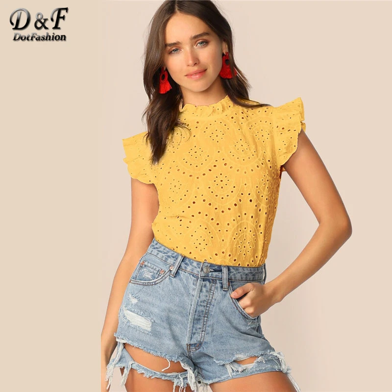 Dotfashion, однотонный топ с воротником-стойкой, с рюшами, с вышивкой, с ушками, для женщин, лето, бохо, без рукавов, одежда для девушек, модные блузки