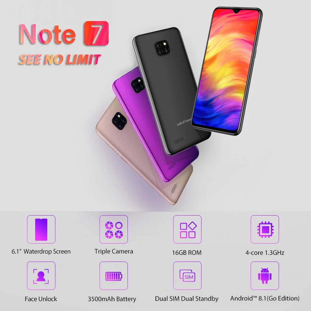 6,1'' Ulefone Note 7 19:9 16GB тройной сзади камеры Android 8,1 MT6580A 3500 mAh две SIM карты Face разблокирована смартфон