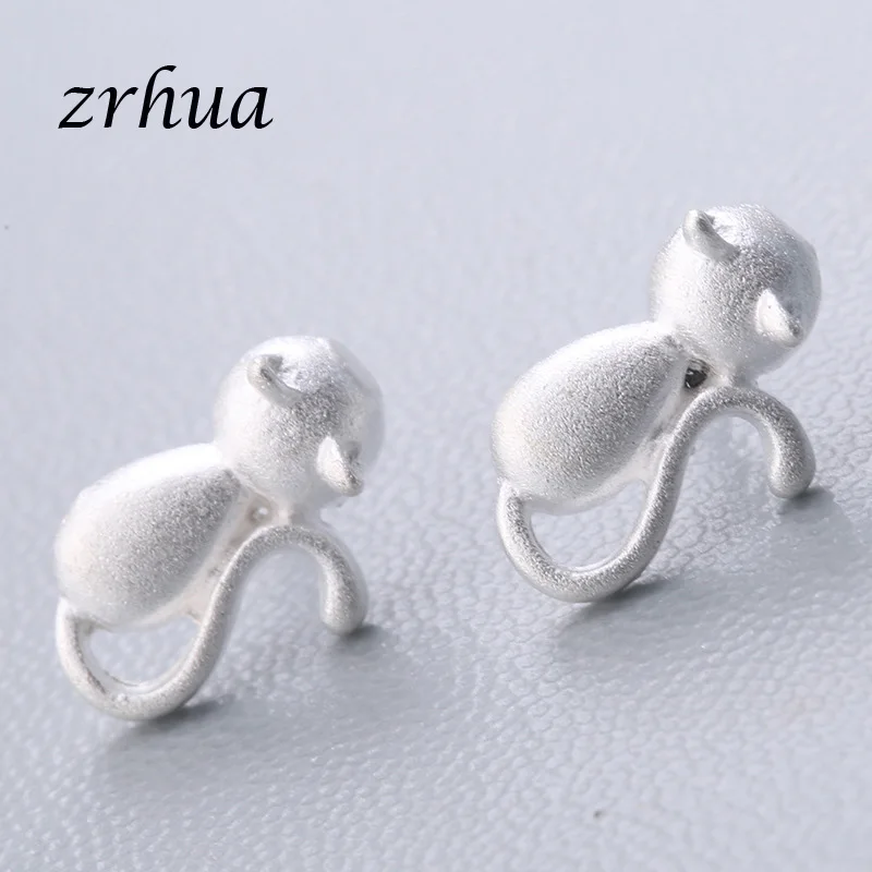 cat 1 ZRHUA 925 пробы серебряные Простые серьги-гвоздики подарок pendientes oorbellen букле d'oreille femmes Новая коллекция рождественские подарки - Окраска металла: cat 1