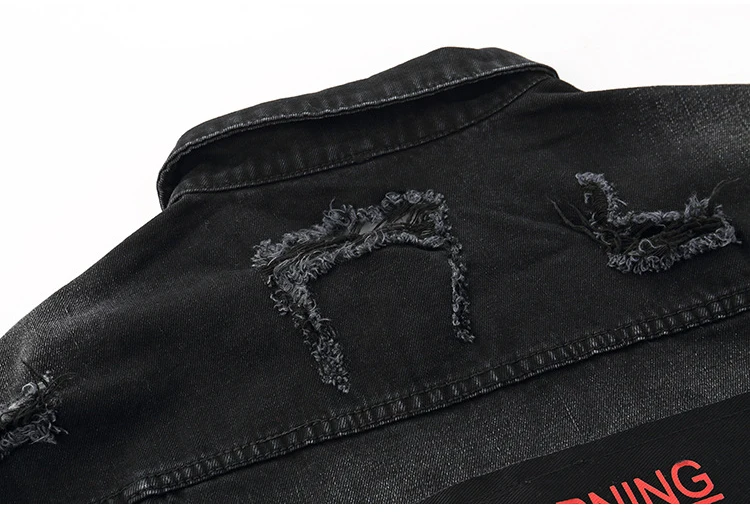 Sokotoo Men's loose letters printed jean jacket Trendy streetwear holes ripped denim coat Patchwork outerwear