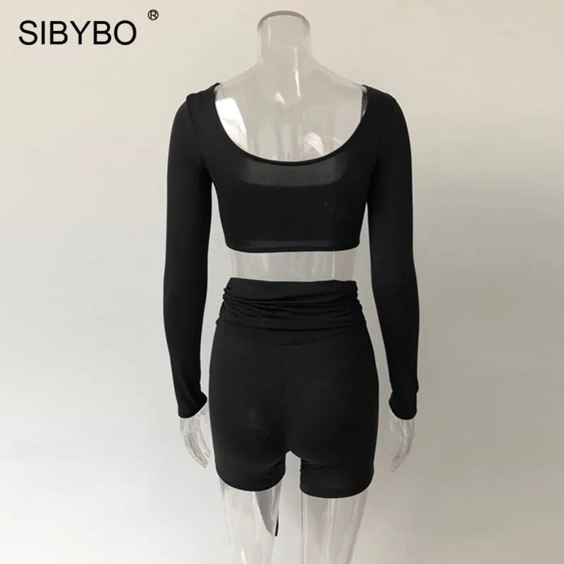 Sibybo, осенний комплект из двух предметов с длинным рукавом, женский квадратный воротник, шнурок, сексуальный укороченный топ и шорты, комплект с открытой спиной, повседневный Женский комплект