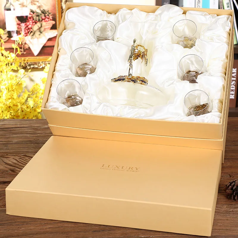 6 cups 1 decanter Европейский эмаль красное вино стеклянная чашка золотой ретро кубок без свинца хрустальные чашки бокалы под шампанское на свадьбу подарок с подарочной коробкой - Цвет: 6 cups 1 decanter