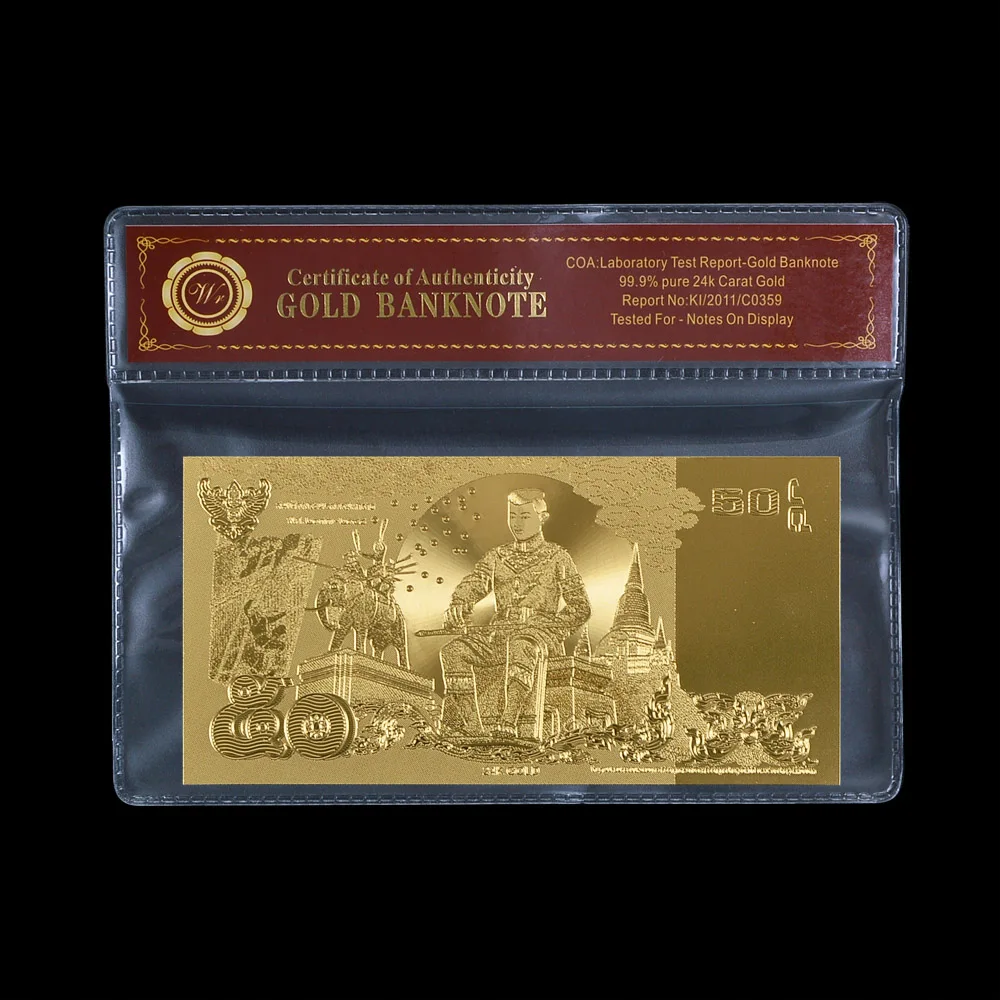 Металлическая тайская Золотая банкнота 50 батов Банкнота не циркулирует в COA Sleeve |
