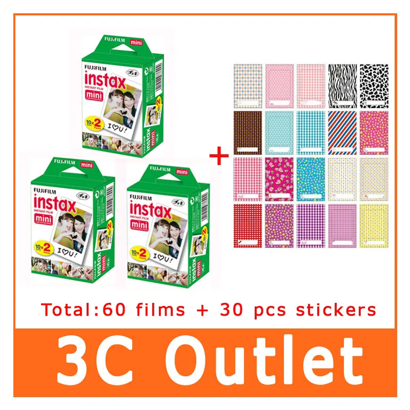 Оригинальная пленка Fujifilm Instax 60 листов + 30 наклеек для Instant Camera Mini 9 8 7s 25 50s 90 70 SP 1