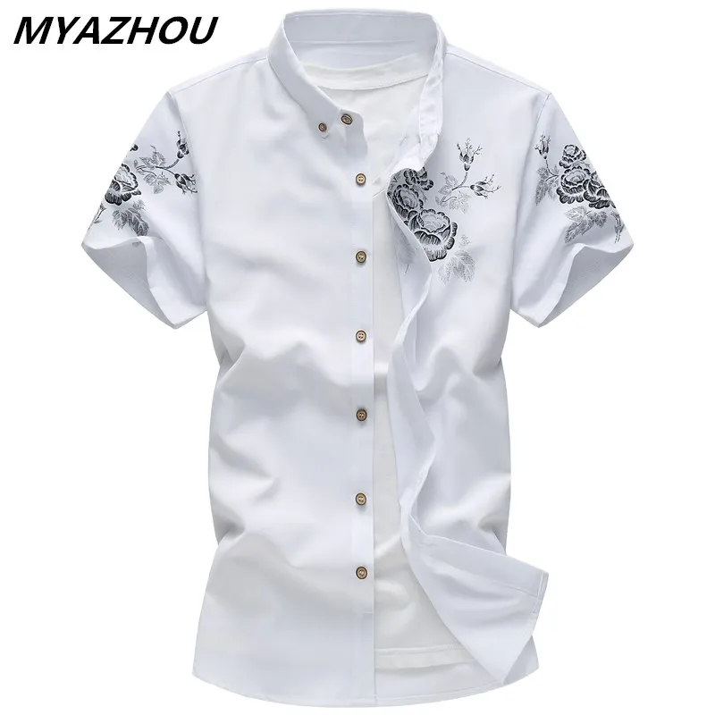 

Large size 7XL men's short-sleeved shirt 2019 summer new casual embroidery print shirt fashion Slim business men's brand shirt