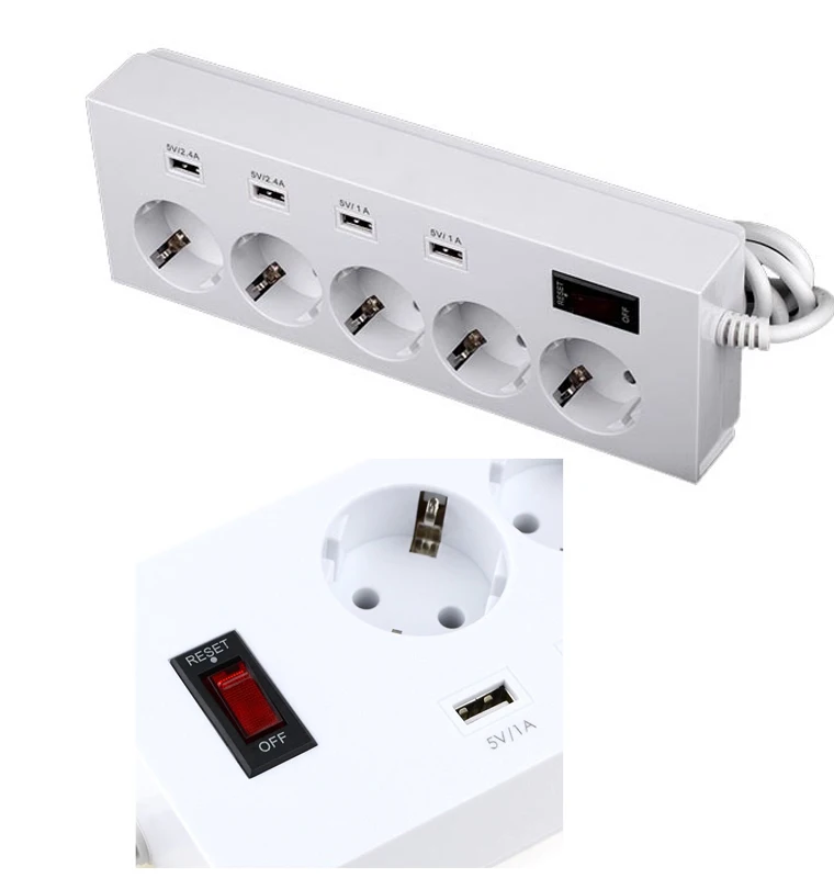 Бесплатное евро 5 интерфейсов USB Сетевой фильтр питания 250В 16А 1.8M кабелем с 4 USB порта и 5 розеткой расширения