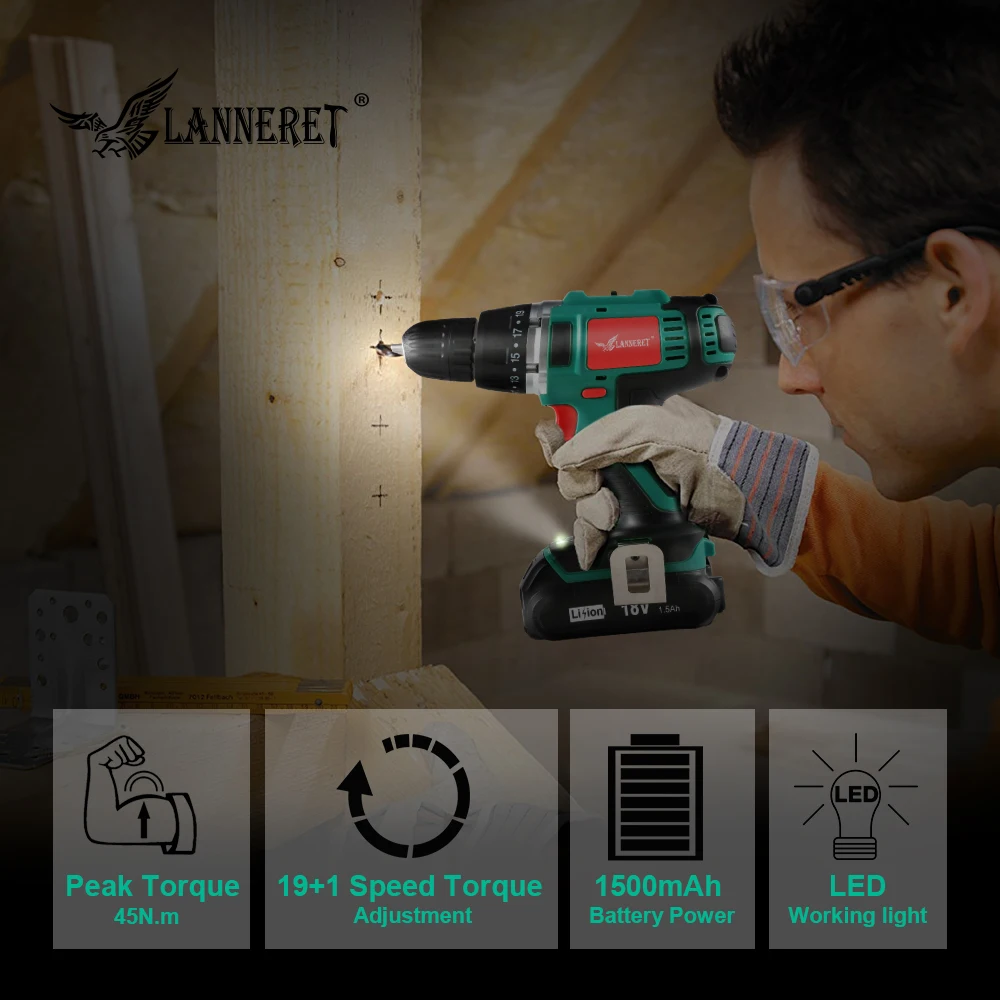 LANNERET 18V 45Nm DC литий-ионный Батарея 3/8 дюймов 2-Скорость электрическая дрель Мини Электрическая отвертка Беспроводной Мощность драйвер
