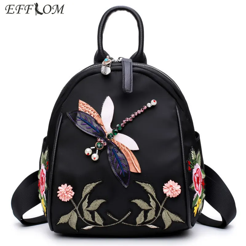 Chinese Ethnic Vintage Backpack Retro Flower Dragonfly Embroidery Cloth Backpacks Women Black Fashion Rucksack Travel Daypack|travel daypack|cloth