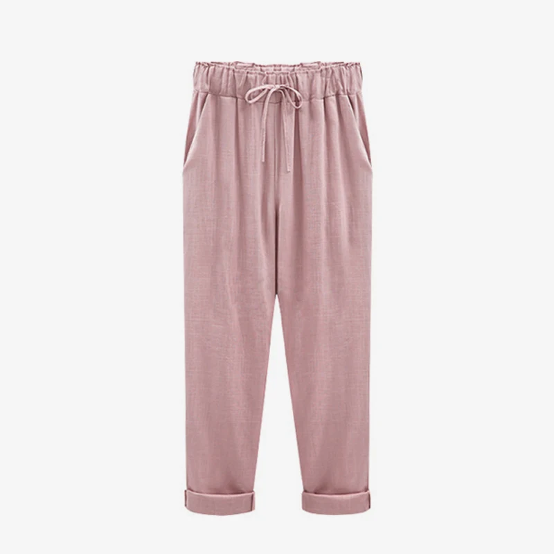 Эластичные женские брюки с высокой талией, однотонные черные прямые брюки длиной до щиколотки, женские брюки с карманами и завязками, одежда с бантом размера плюс - Цвет: pink