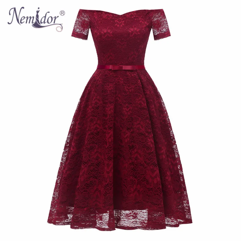 Nemidor 2019 Women Vintage Short Sleeve Bow Summer Swing A-line Dress Sexy Slash Neck Patchwork Midi Party Lace | Женская одежда