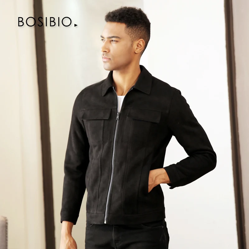 Black BOSIBIO Модные приталенные мужские Куртки из искусственной кожи коричневого цвета, Осенние тонкие пальто с отложным воротником, мужская верхняя одежда высокого качества 5008 - Цвет: Black