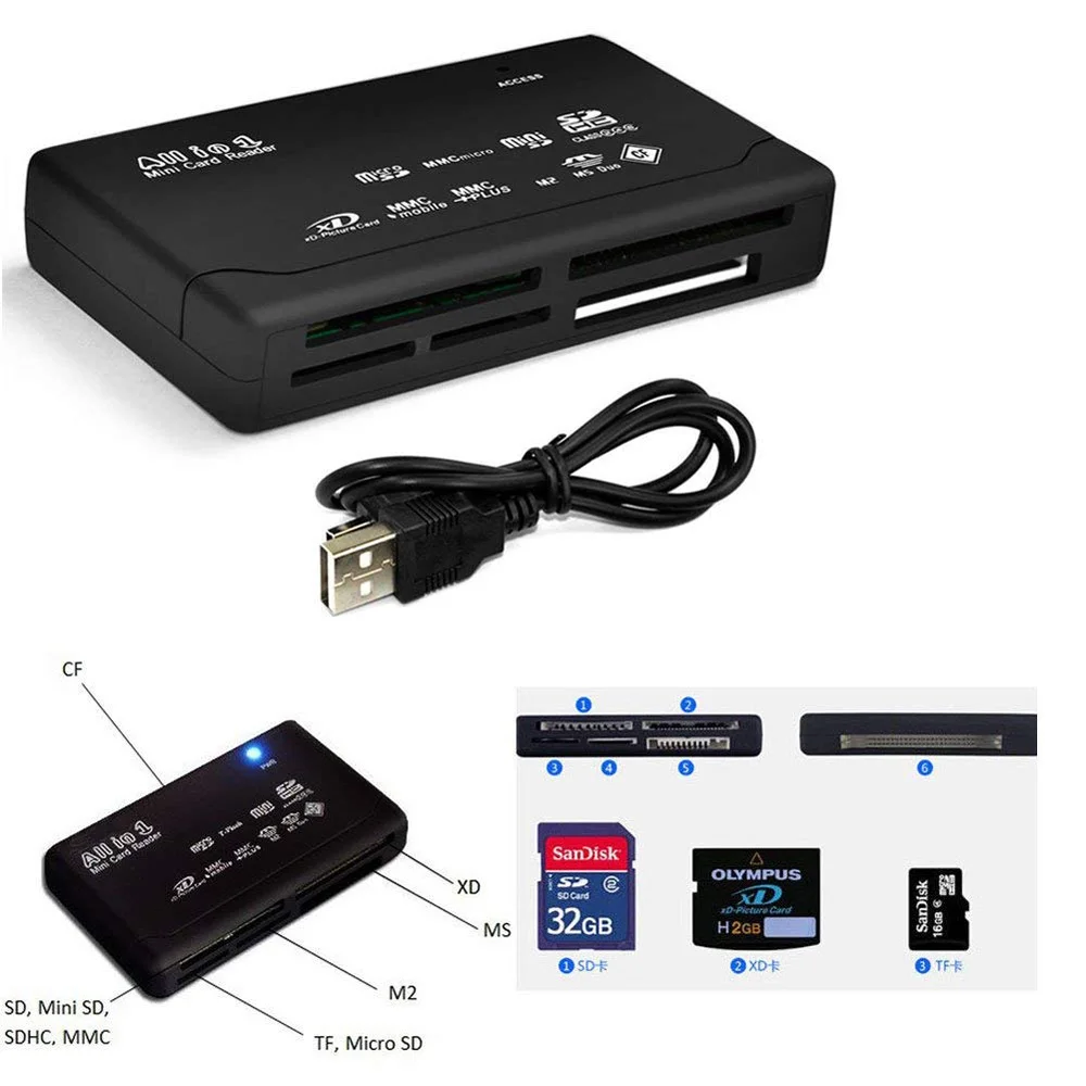 All in One Memory USB External Card Reader SD SDHC Mini Micro M2 MMC XD CF Black High Quality
