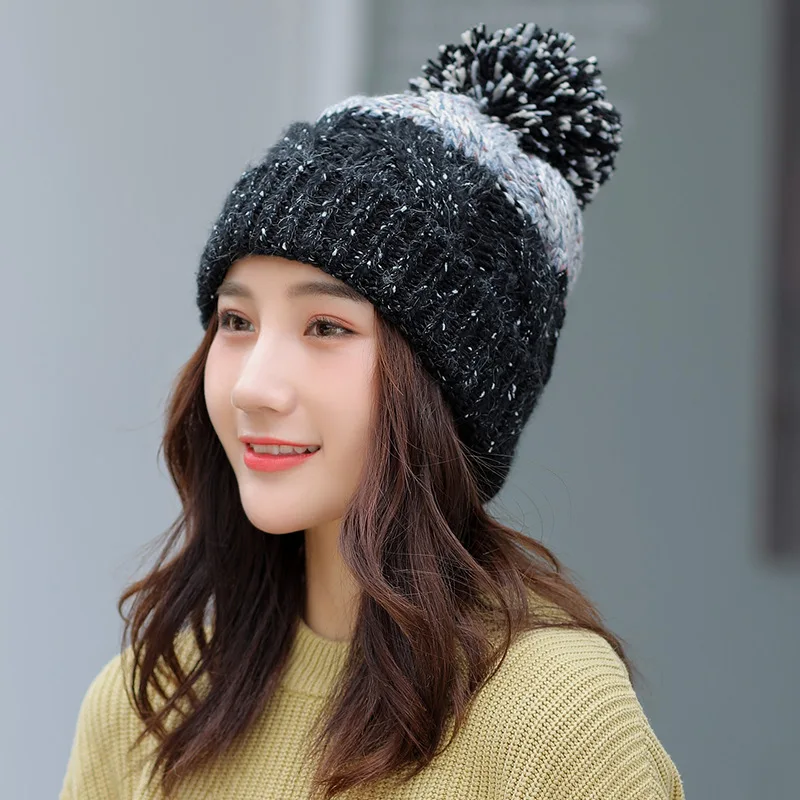 Модные шапочки Skullies для девочек, кепка, женская кепка с помпонами, женские плотные теплые шапочки Skullies, зимняя вязаная шапка для женщин