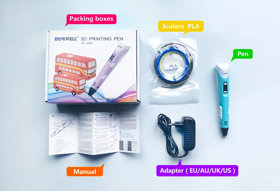 Myriwell 3d Ручка 3d ручки, светодиодный дисплей, ABS/PLA нити, подарки для детей зарядка через USB, 3 d Ручка 3d модели Smart 3d печать pen-3d Волшебное перо
