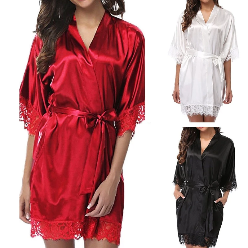 

Women Sexy Wedding Dress Gown Short Ice Silk Bride Robe Lace Kimono Nightwear Red White Black 3 Colors S-2XL