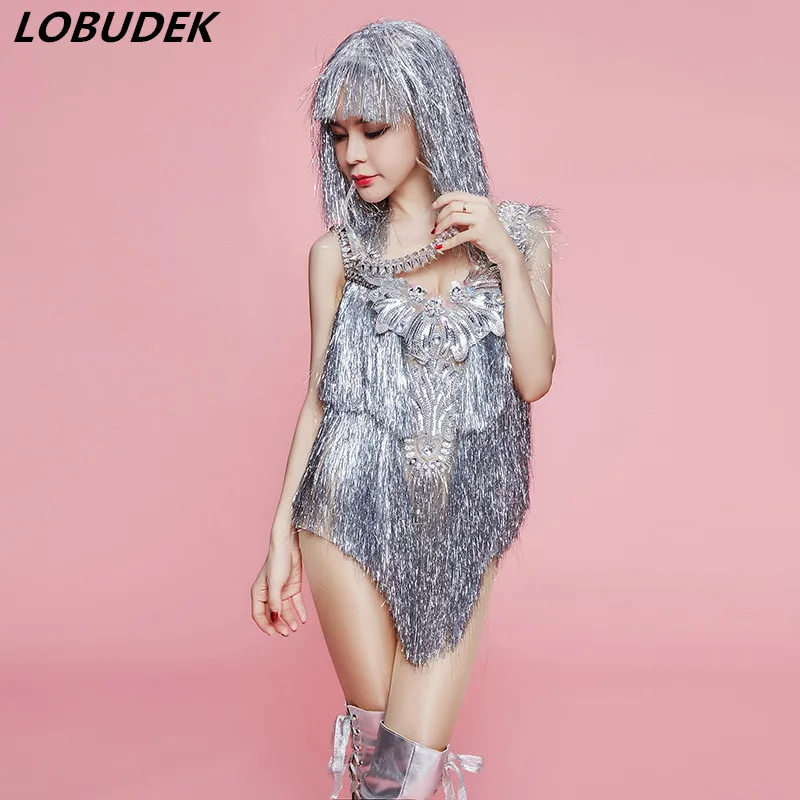 

Silvery Tassel Bodysuit Female Costume Sparkly Sequins Crystal Backless Stage Outfit Club Singer DJ Costume sexy Jazz dance wear