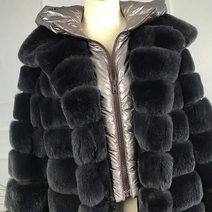 Длинная стильная модная шуба из натурального меха кролика Рекс женская одежда