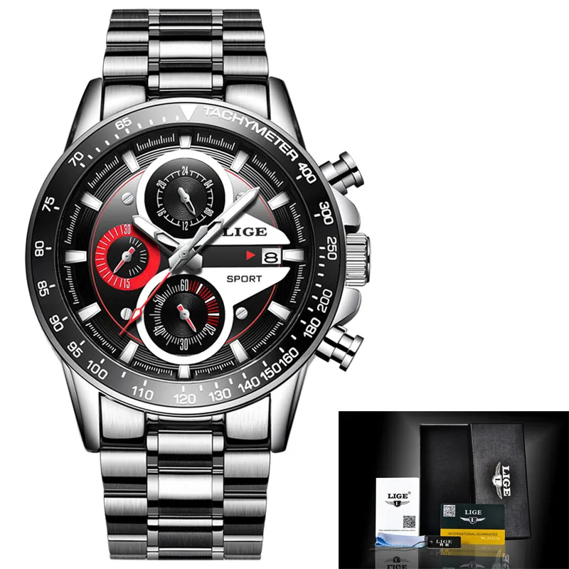 Steel Silver Red LIGE, мужские спортивные кварцевые часы, мужские, Топ бренд, Роскошные, дизайнерские, военные часы, хронограф, часы, мужская мода, Relogio Masculino, дата - Цвет: Steel Silver Red