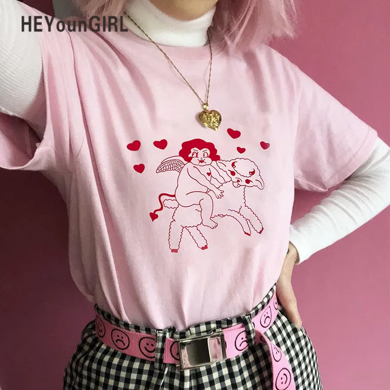 HEYounGIRL повседневная женская футболка с мультяшным принтом, розовый топ в Корейском стиле, женская футболка с коротким рукавом, Женская Летняя мода