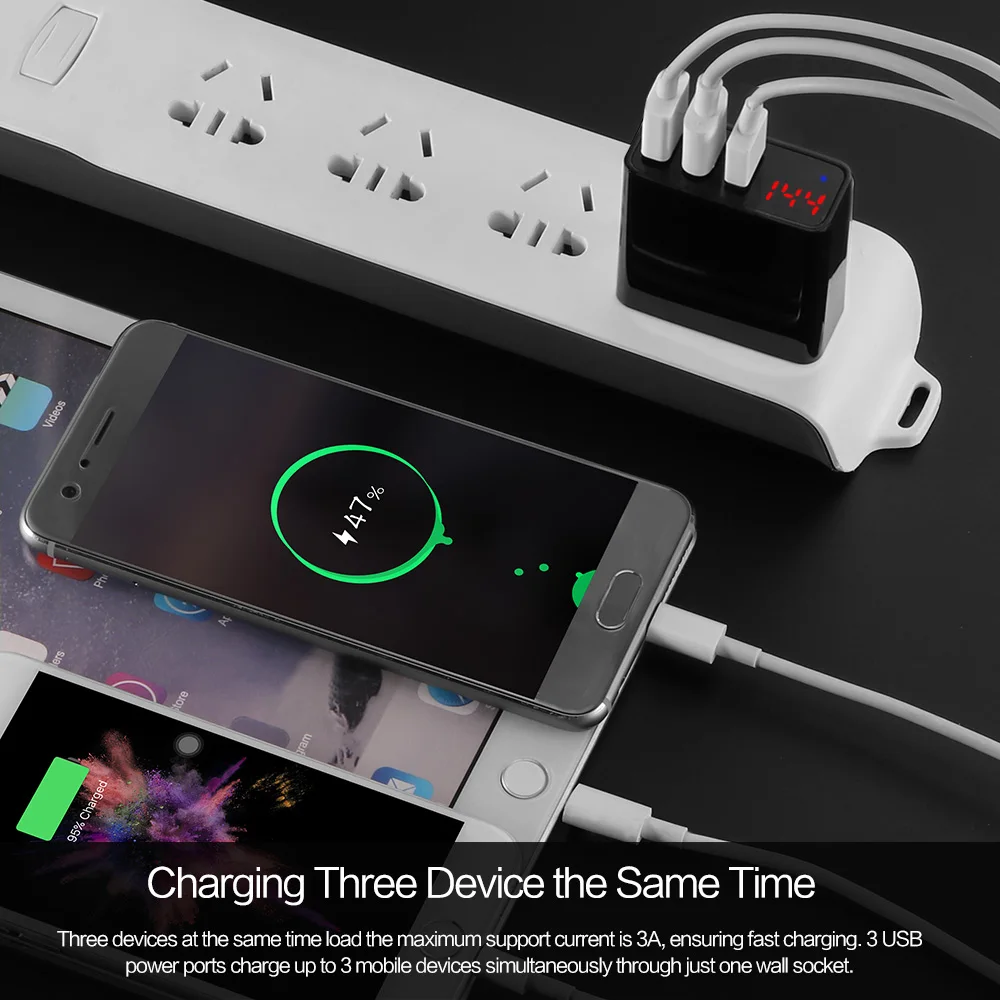 Powstro 5V 3A с 3 портами(стандарт путешествия Зарядное устройство EU Plug ЖК-дисплей интеллигентая(ый) цифровой Дисплей универсальный сетевой адаптер Напряжение тока для телефонов