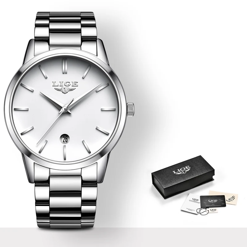 Silver white LIGE ультра тонкие модные мужские наручные часы Топ бренд Роскошные деловые часы водонепроницаемые устойчивые к царапинам мужские часы+ коробка - Цвет: Silver white