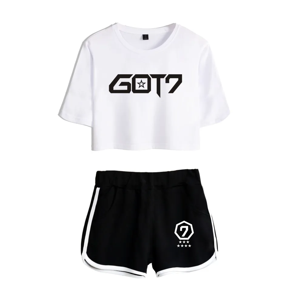GOT7 Two Piece Set Summer Sexy Cotton Printed T Shirt Album Woman Suit Shorts Crop Got7 Fashion Tops Pants | Женская одежда