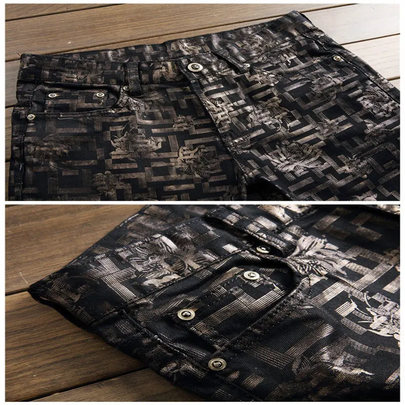 Men's fashion flower print jeans Male casual black denim pants Long trousers | Мужская одежда