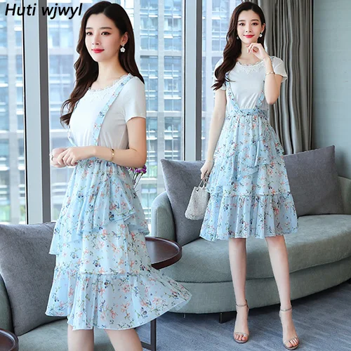 Небесно-голубой Femal Vintage Elegant Blue Chiffon Boho Midi Dresses Summer Plus Size Fake Two Piece Sundress Women Bodycon Party Vestidos - Цвет: Небесно-голубой