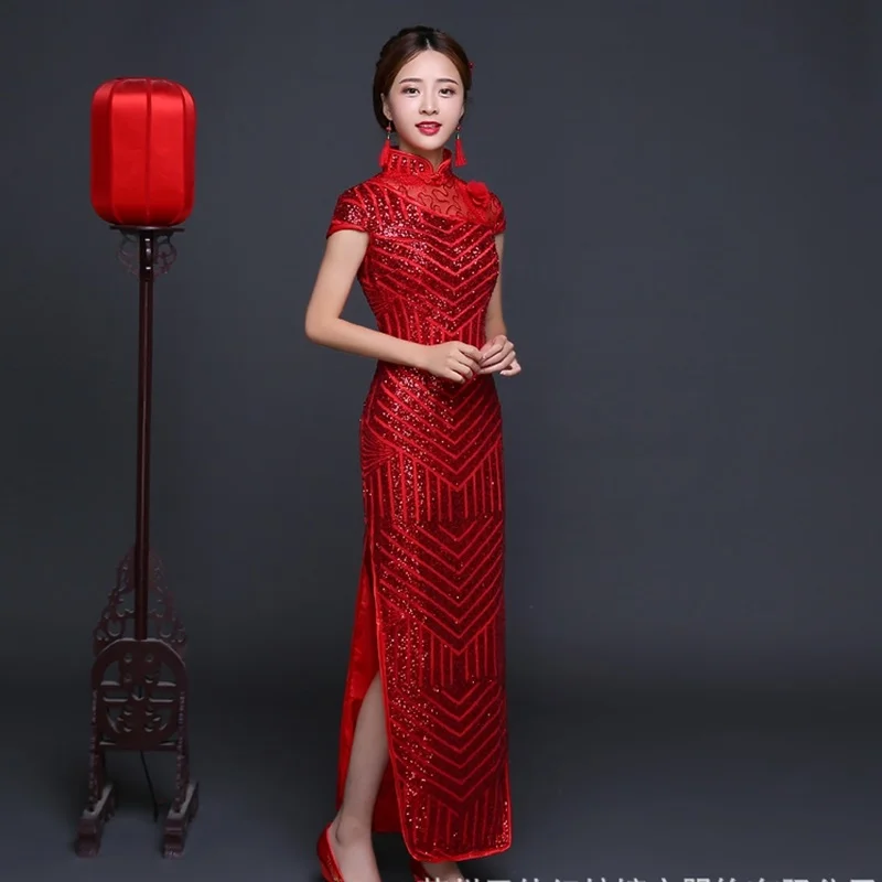 Красное свадебное платье Ципао современное китайское с блестками и разрезом