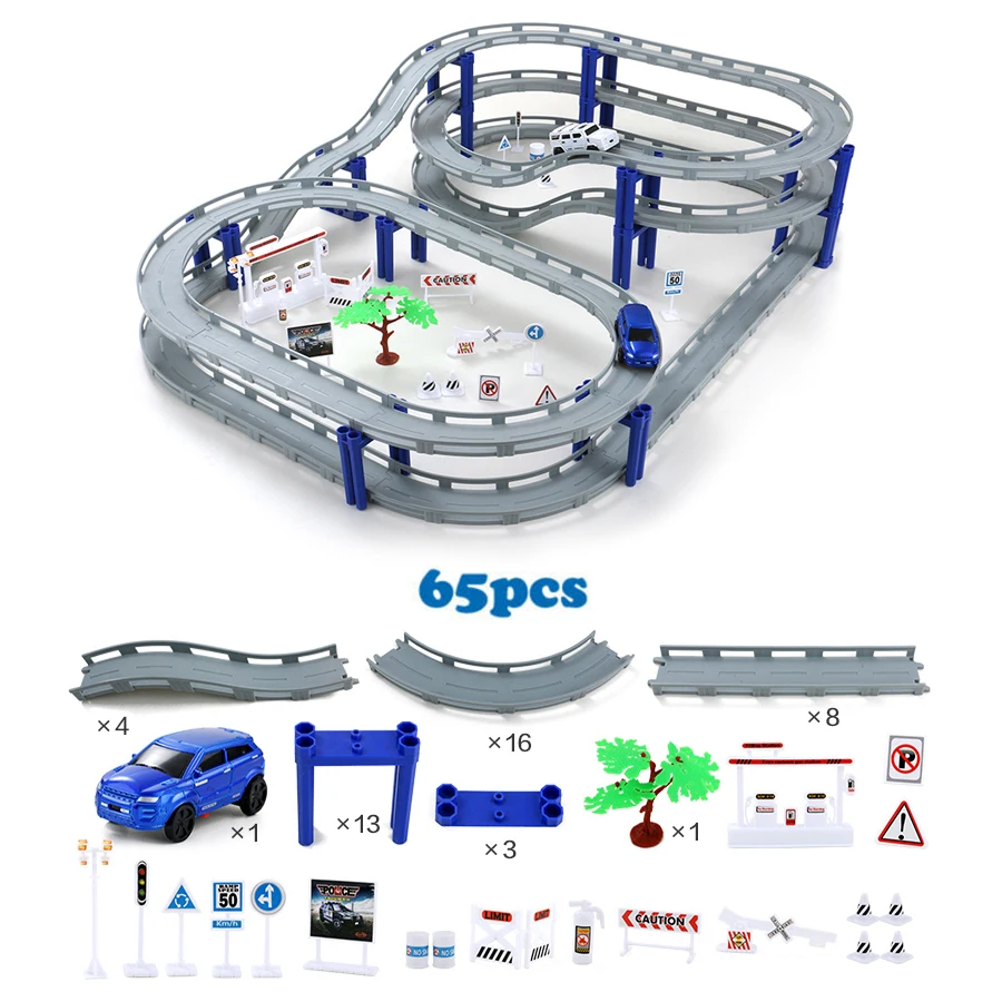 65 pcs with 1 car DIY multi-track Rail автомобильный Строительный блок Набор железнодорожных поездов, спиральный трек горки электрические автомобильные развивающие сборочные игрушки - Цвет: 65 pcs with 1 car
