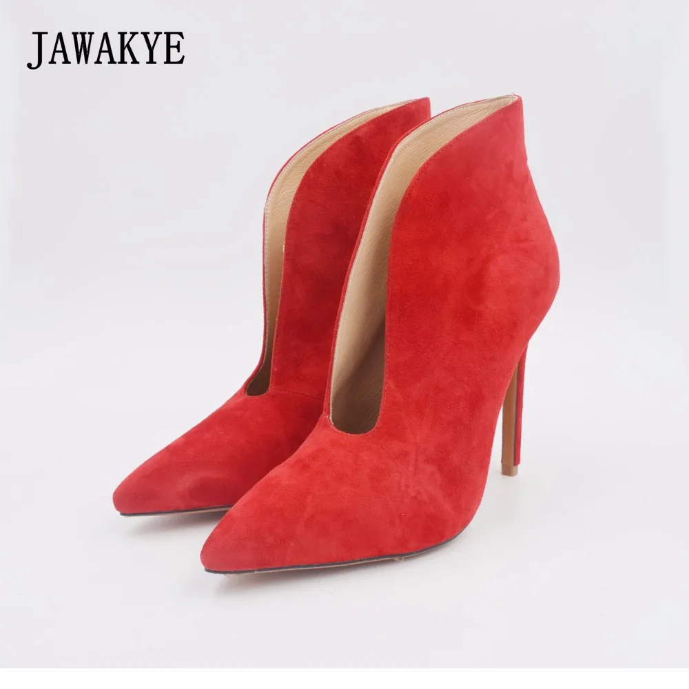 JAWAKYE/женские замшевые ботильоны черного цвета; женские полусапожки на высоком каблуке без застежки; дизайнерская зимняя обувь с вырезами; женские ботинки