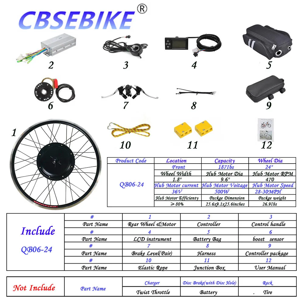 CBSEBIKE Ebike 24 дюймов переднее колесо комплект высокая скорость преобразования 36v250w 36v500w 48v500w 48v1000w QC05-24 - Цвет: 24inch 36v500w QB6