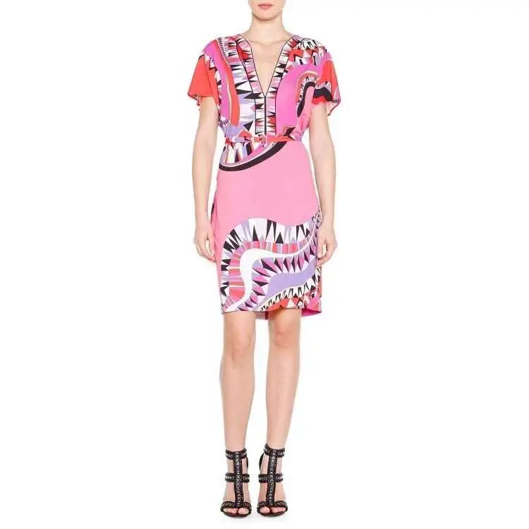 Женское платье из эластичного шелка с поясом V-образным вырезом и коротким