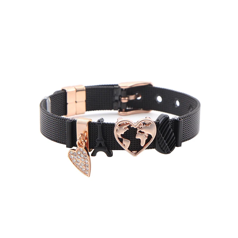 

Dropshipping Somsoar Jewelry Black+rose gold my angle Love Charm Mesh Bracelet Set Stainless steel Bangle as mother's Day Gift