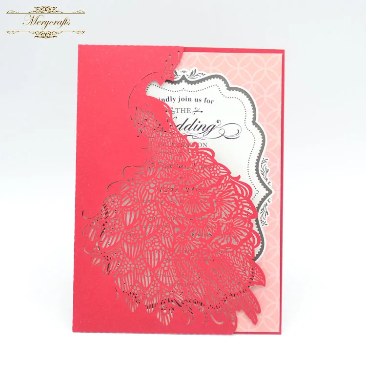 

Laser cut red pearl elegant peacock wedding invitation card