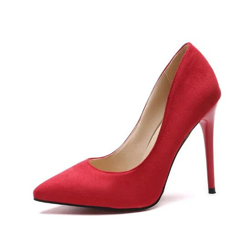 Red suede Туфли-лодочки большого размера 44; женская обувь; красные флоковые неглубокие Свадебные вечерние туфли-лодочки на высоком каблуке с острым носком без застежки; chaussures femme; - Цвет: Red suede