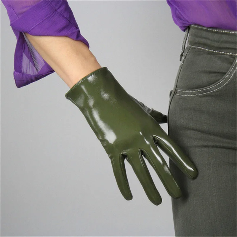 Patent leather gree Модные короткие перчатки, искусственная кожа, лакированная кожа, темно-коричневый, коричневый, черный, белый цвет, женские, 21 см, 3-TB32 - Цвет: Patent leather gree