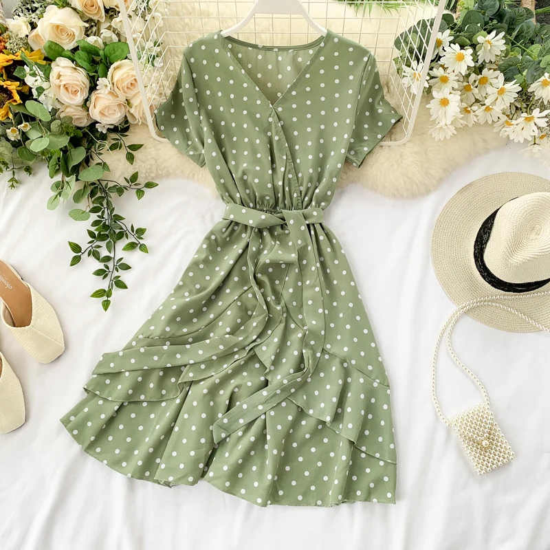 Vintage Polka Dot Print V Neck Ruffles Short Bandage Dress Chiffon Summer Party Women Casual High Waist Beach Dresses