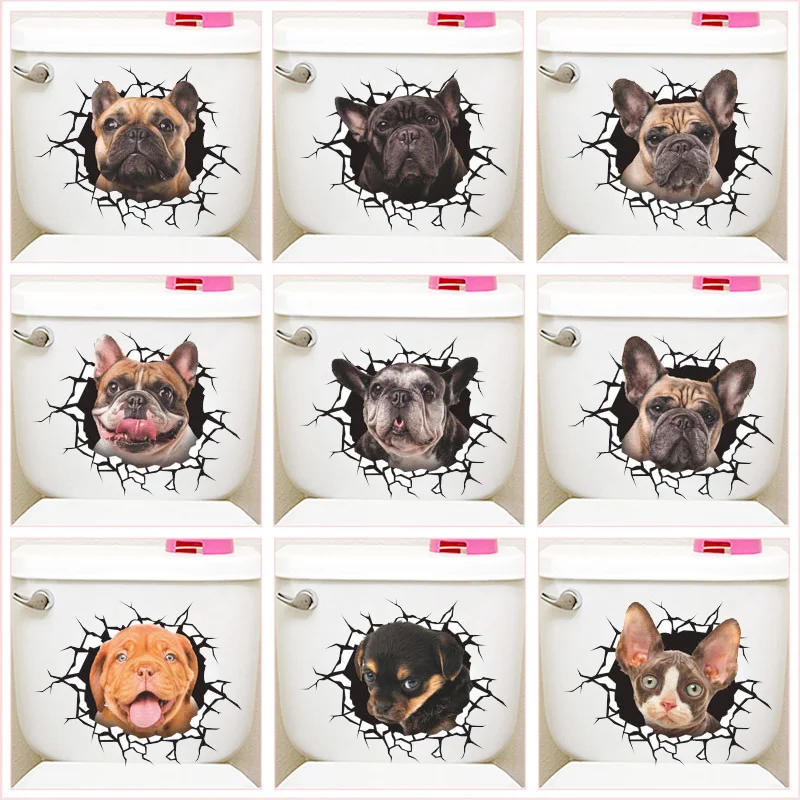 

Funny Dogs Toilet Stickers For Washroom Home Decoration Diy Vivid 3d Broken Hole Pattern Puppy Mural Art Creative Pvc Wall Decal