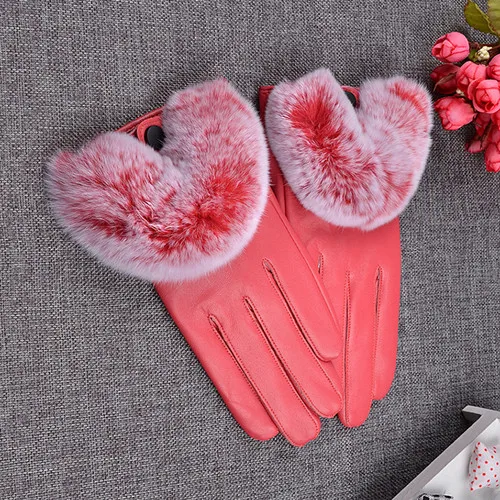 watermelon red Женские зимние перчатки u-образный мех кролика Рекс кожаные перчатки короткий параграф натуральная кожа толстые теплые перчатки guantes - Цвет: watermelon red