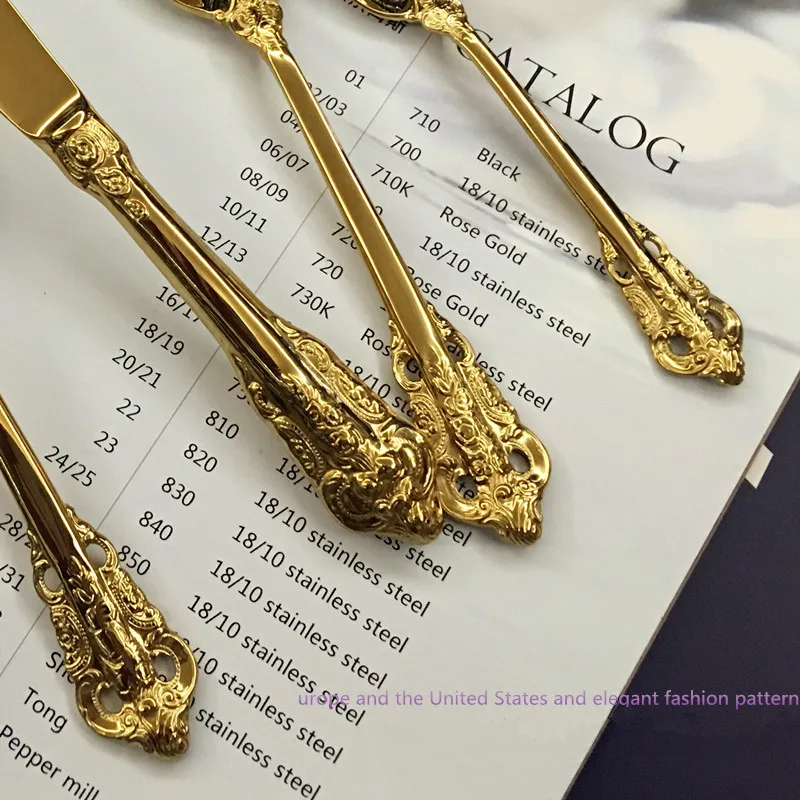Фото Элегантный нож из нержавеющей стали European Gilt Palace Fork, набор столовой посуды с золотым совком, дизайн резных ручек, столовые приборы, 24 шт., 6 наборов №3